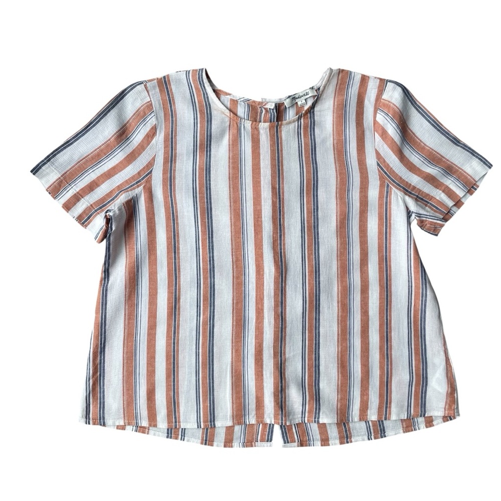 Madewell Striped Short SleeveTop Cotton Linen Blend Size S White Blue Orange